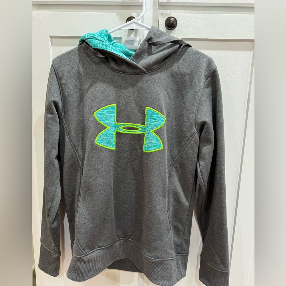 Under Armour Girls Gray Hoodie with Teal Logo and Hood Lining